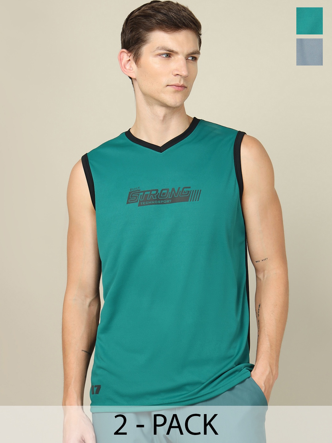 

Technosport Pack Of 2 V-Neck Gym Innerwear Vests, Green