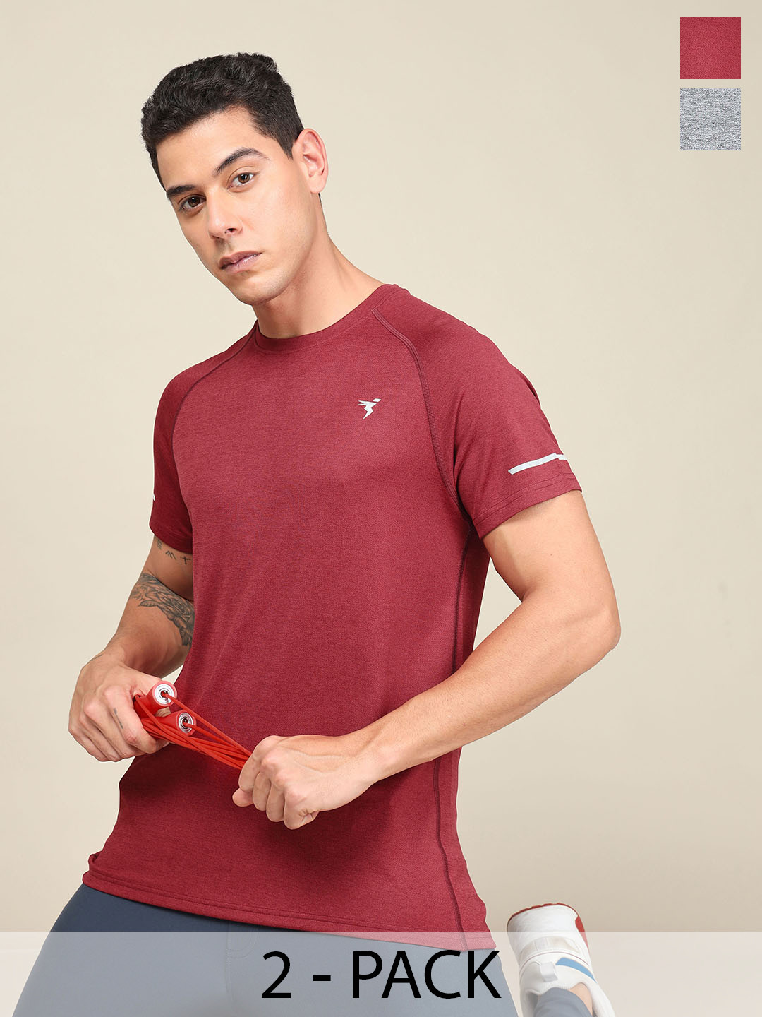 

Technosport Pack Of 2 Slim Fit Round Neck Antimicrobial Tshirts, Red