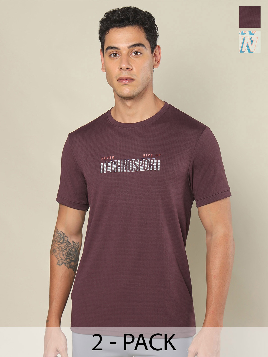 

Technosport Pack of 2 Printed Rapid-Dry Round Neck T-Shirts, Burgundy