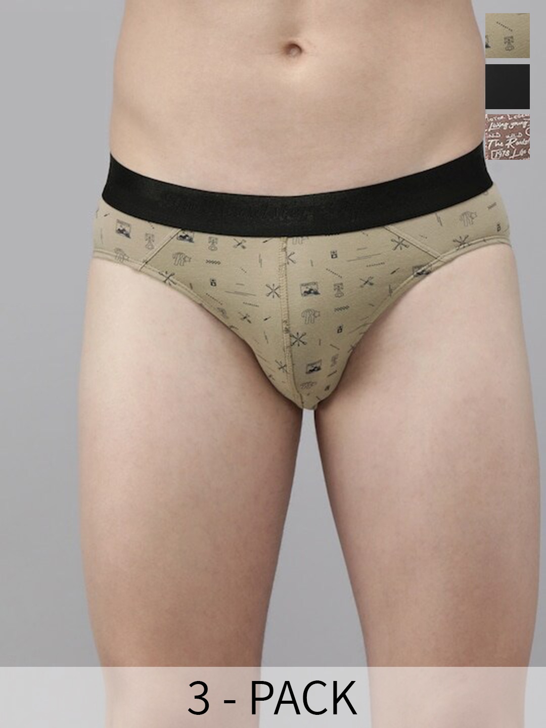 

The Roadster Lifestyle Co. Pack Of 3 Printed Cotton Basic Briefs RD-B-65-BlkBrwYpr, Brown