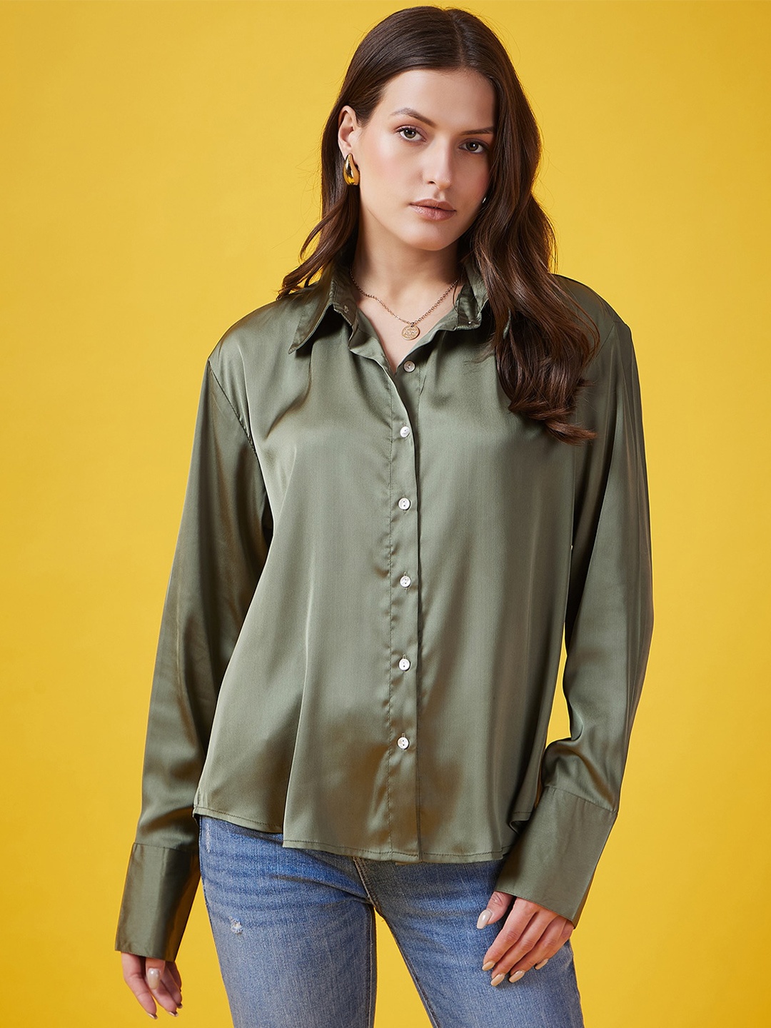 

JUNE & HARRY Spread Collar Long Sleeves Relaxed Fit Party Shirt, Olive