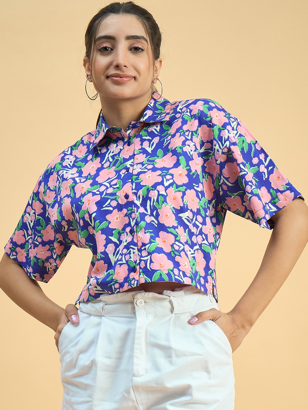 

JUNE & HARRY Spread Collar Comfort Boxy Floral Printed Casual Crop Shirt, Purple