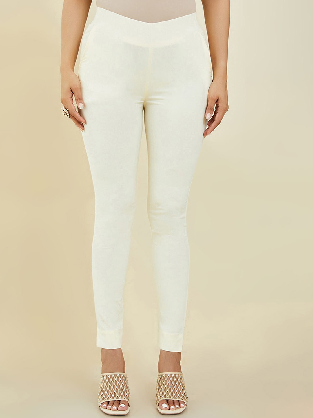 

Soch Women Slim Fit Mid-Rise Trousers, Cream