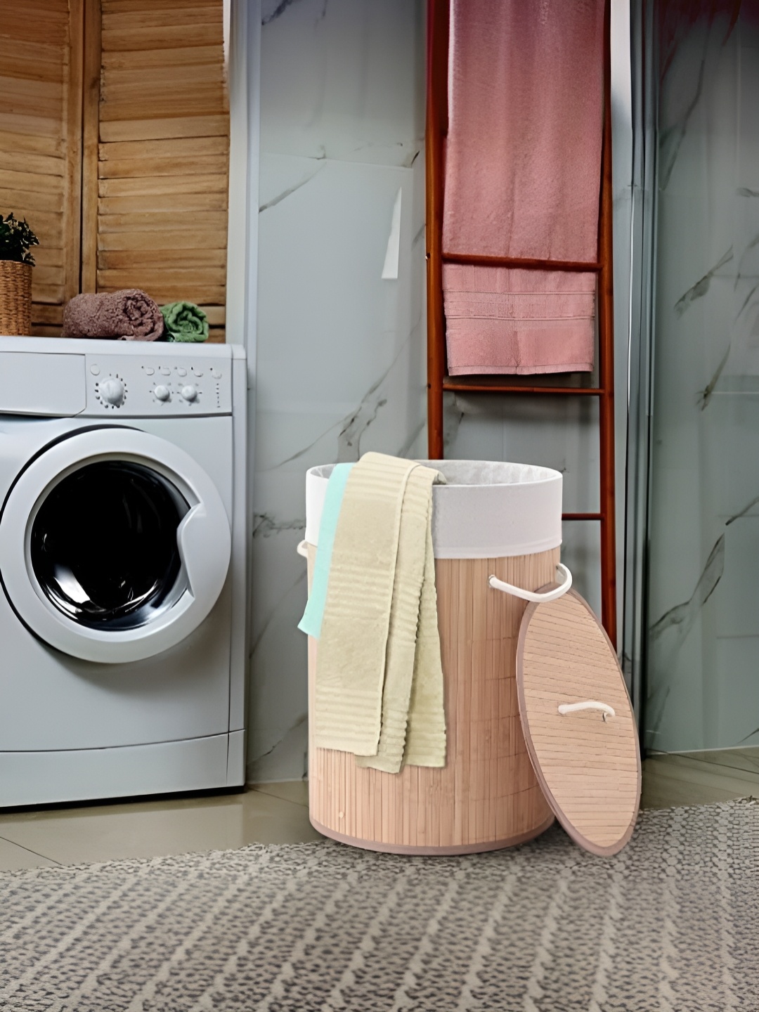 

Savya Home Beige & Grey Textured Bamboo Foldable Laundry Basket With Lid