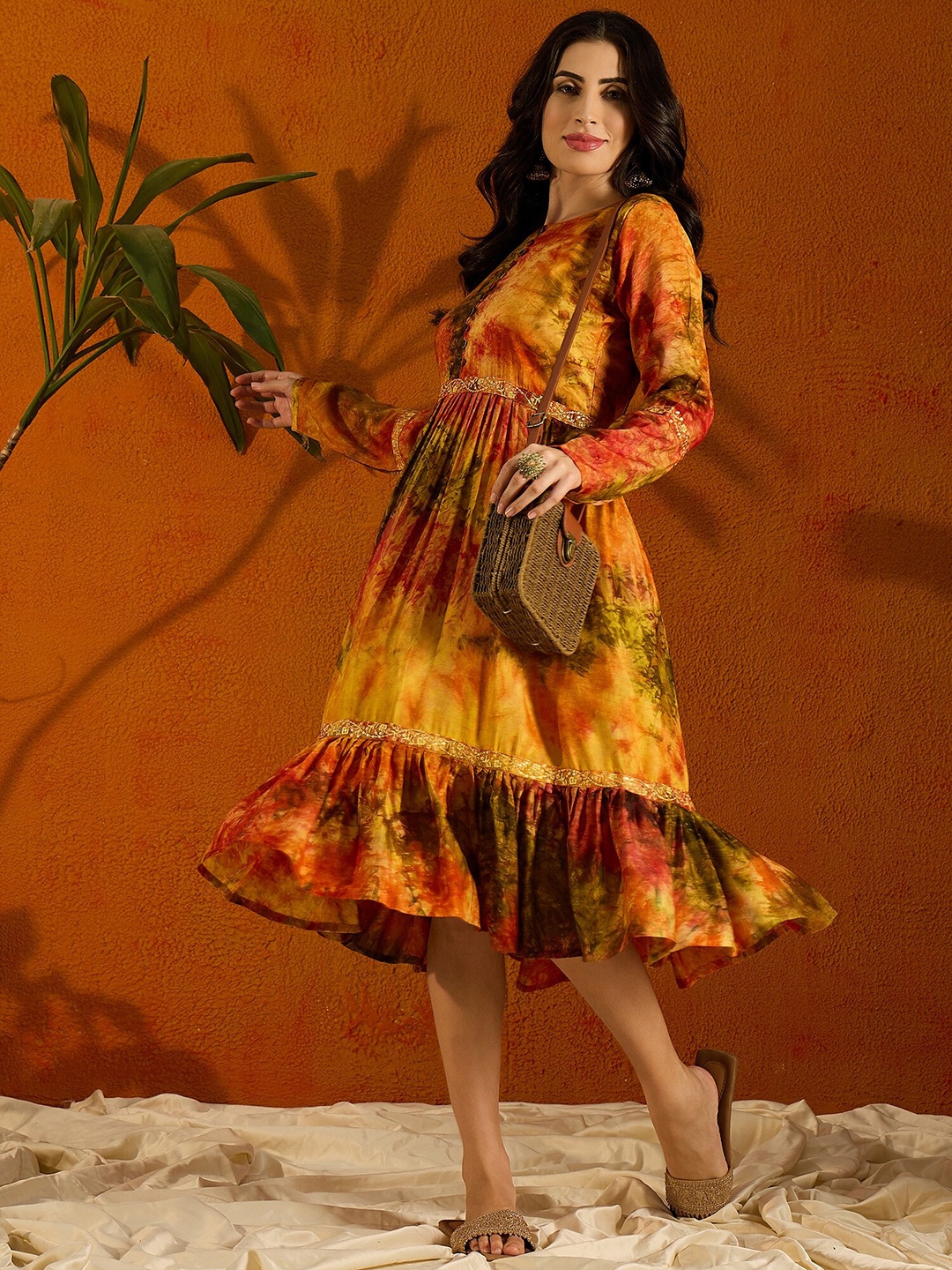 

Anouk Brown Floral Printed Flared A-Line Silk Midi Dress