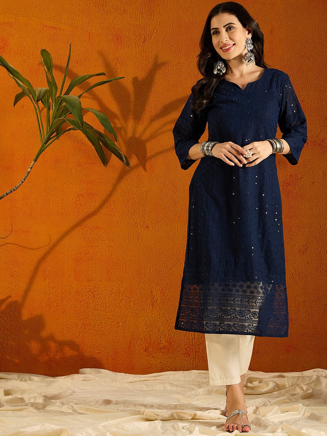 

Anouk Blue Notch Neck Chikankari Embroidered Georgette A-Line Kurta