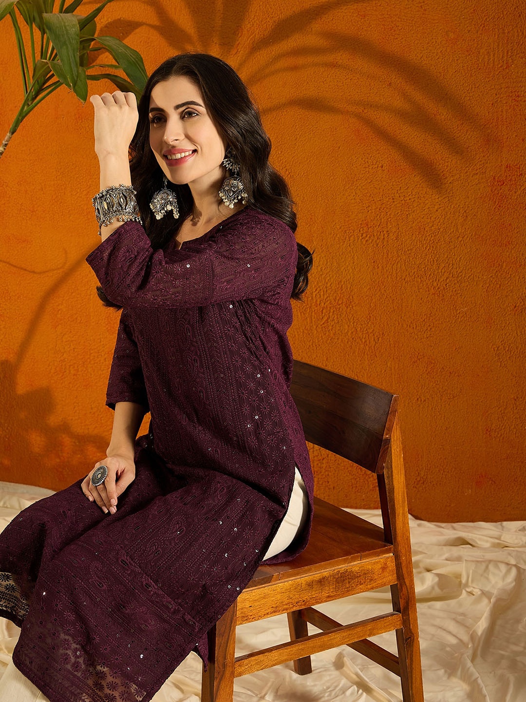 

Anouk Notch Neck Sequins Chikankari Embroidered Georgette Straight Kurta, Purple