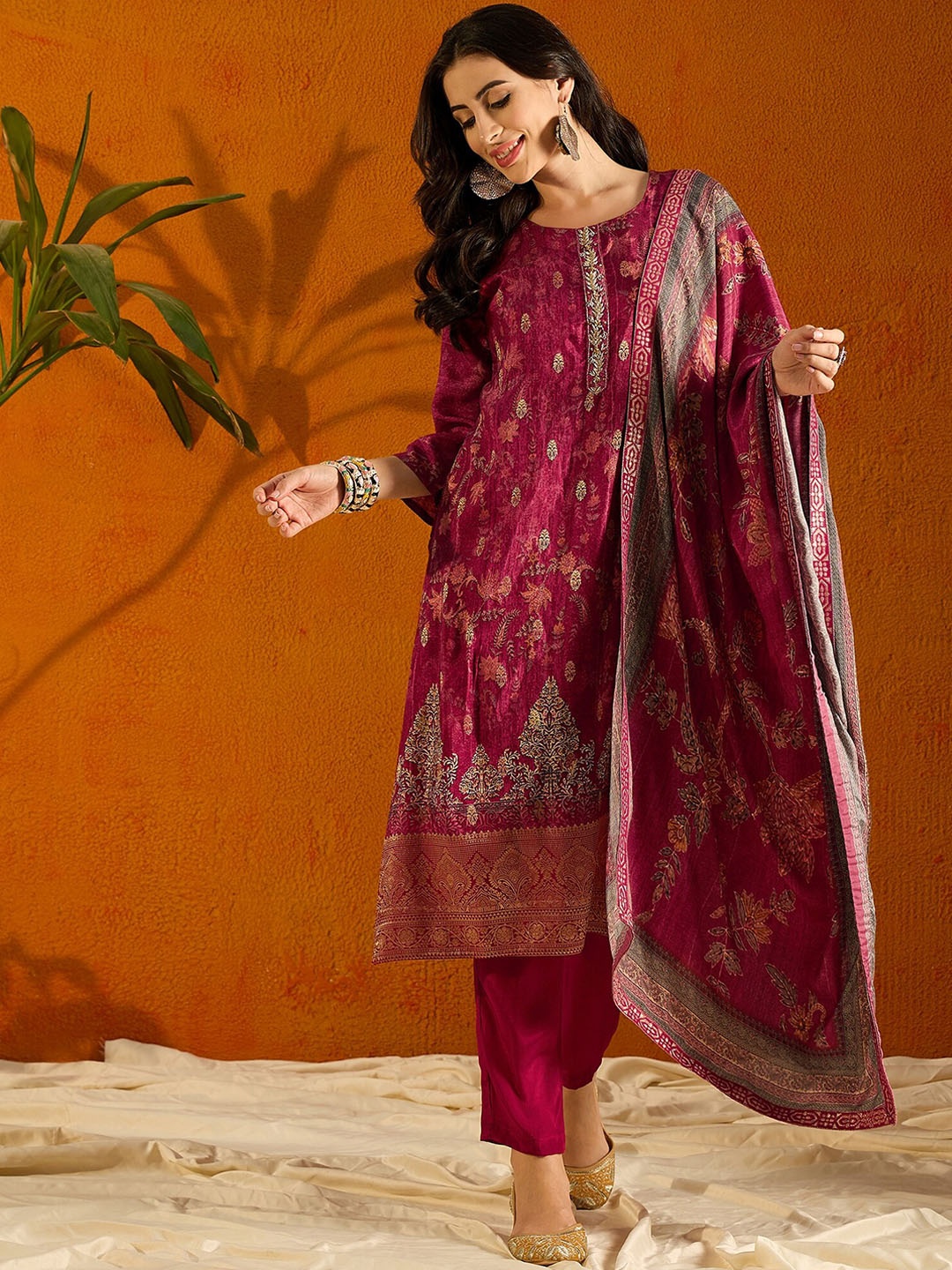 

Anouk Ethnic Motifs Embroidered Pure Silk Kurta With Trouser & Dupatta, Pink