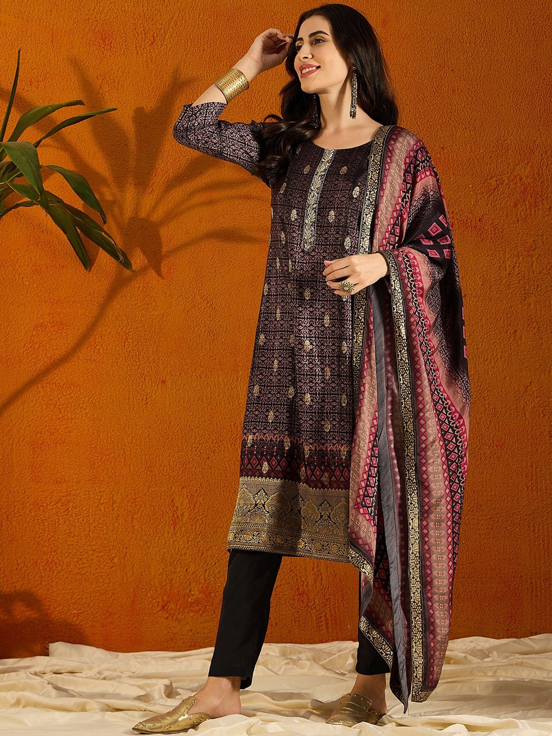 

Anouk Ethnic Motifs Embroidered Pure Silk Kurta With Trouser & Dupatta, Purple