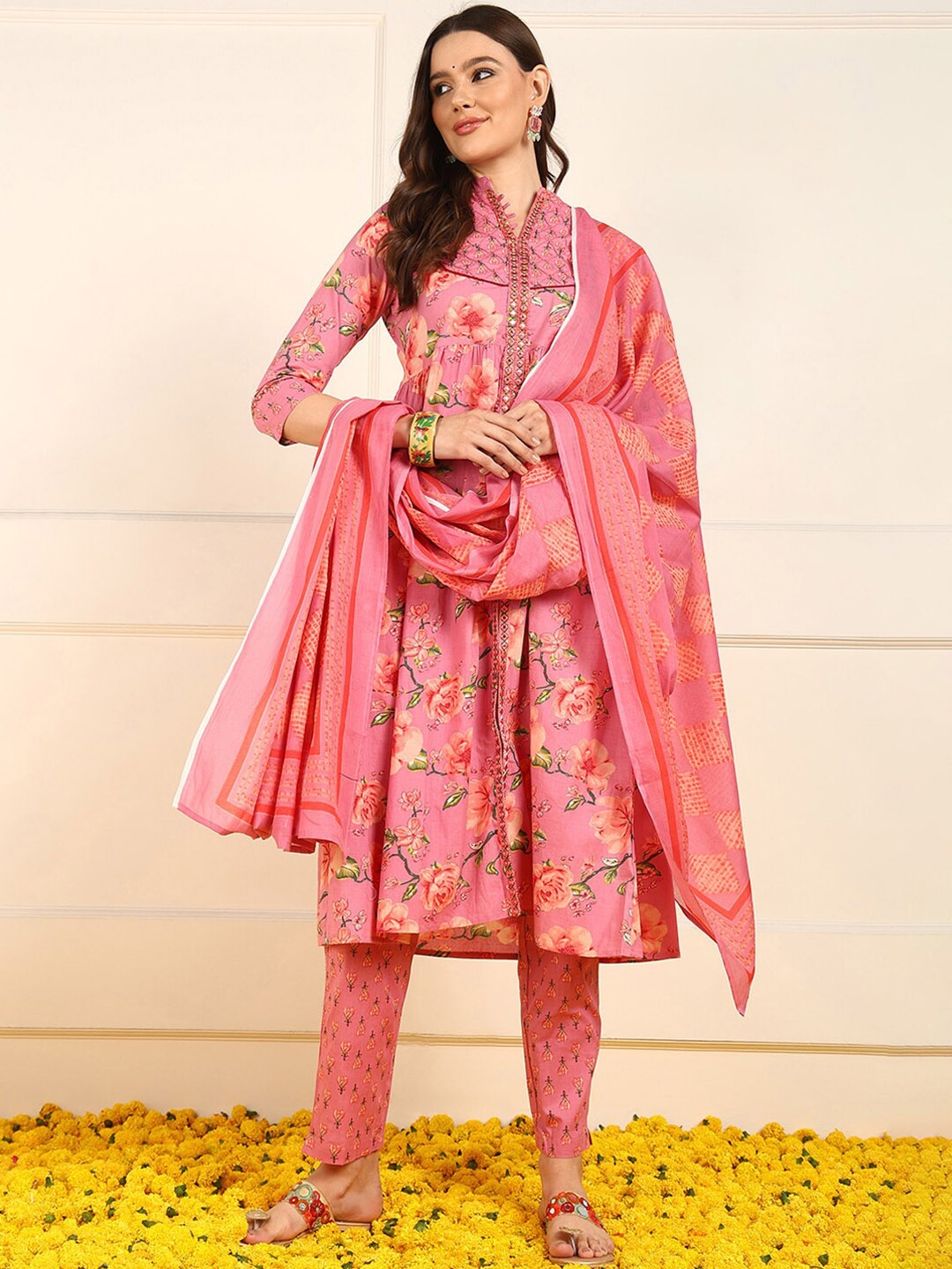 

AHIKA Floral Printed Mandarin Collar Mirror Work Pure Cotton Kurta with Trousers & Dupatta, Pink