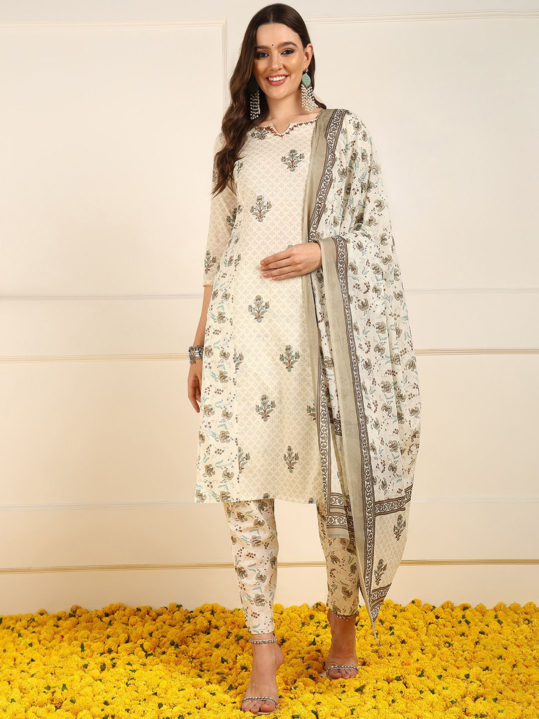 

AHIKA Ethnic Motifs Printed Thread Work Pure Cotton Straight Kurta With Trousers & Dupatta, Cream