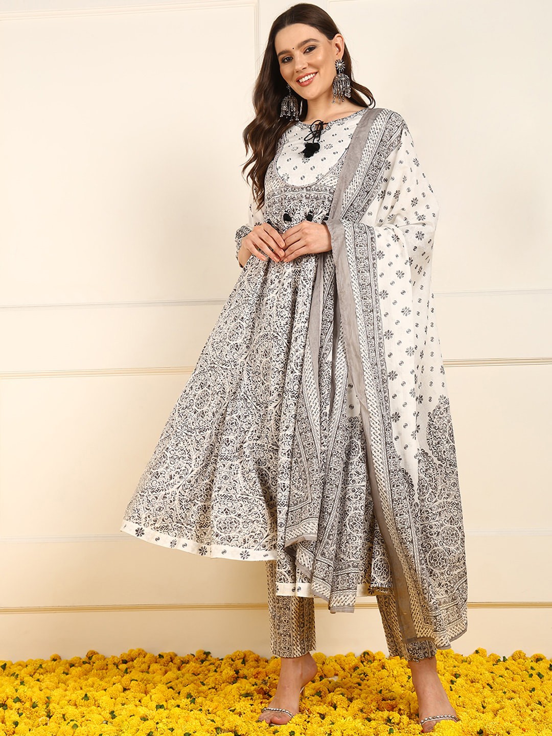 

AHIKA Ethnic Motifs Printed Empire Sequinned Pure Cotton Kurta With Trousers & Dupatta, Grey