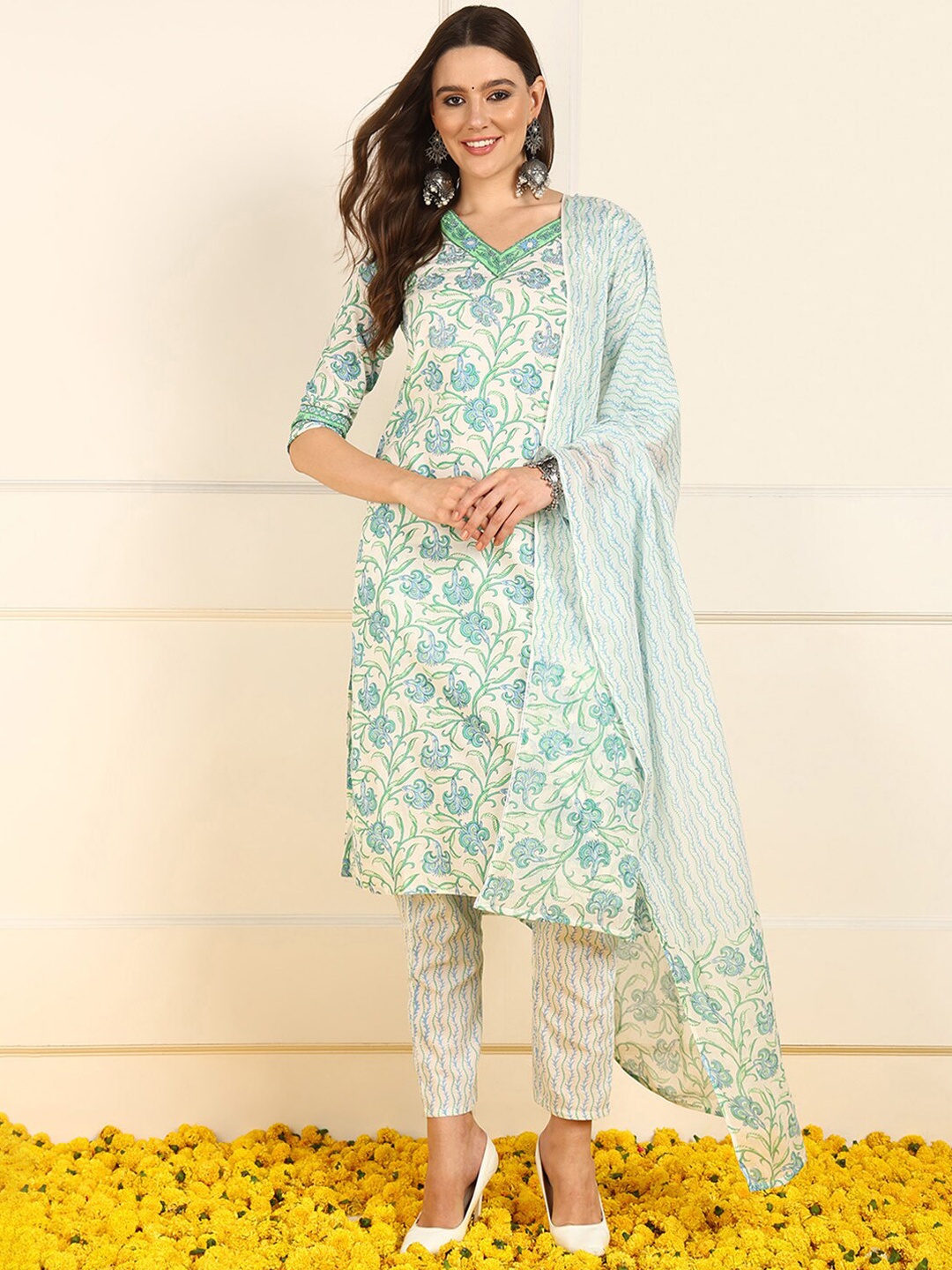 

AHIKA Floral Printed V-Neck Pure Cotton Straight Kurta with Trousers & Dupatta, White