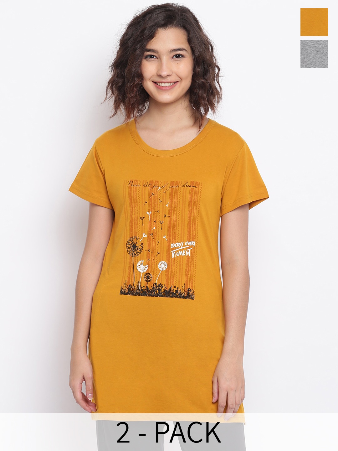 

Duchess Women Pack Of 2 Printed Cotton Lounge Tshirts, Mustard