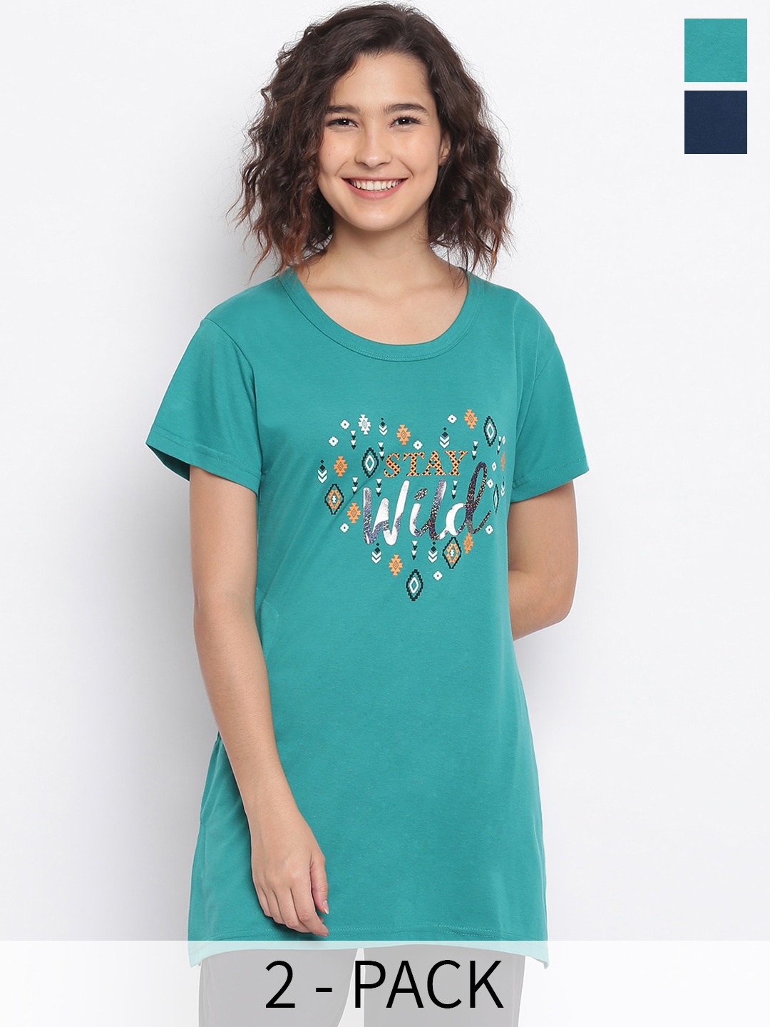 

Duchess Pack Of 2 Printed Cotton Lounge Tshirts, Sea green