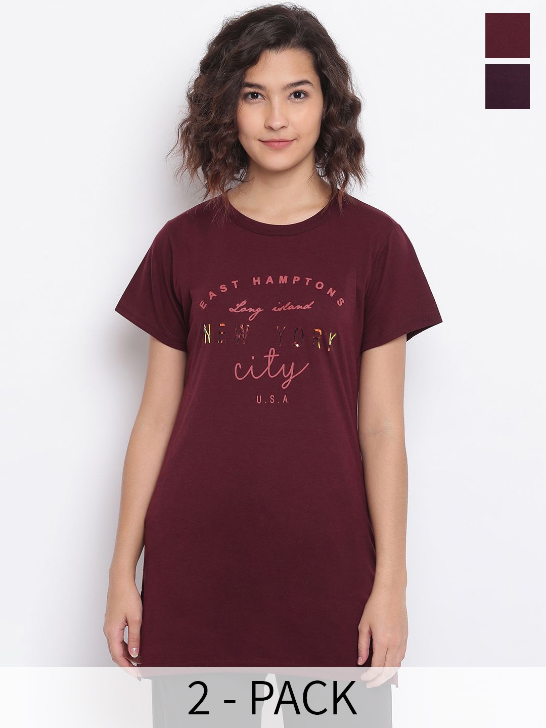 

Duchess Pack Of 2 Printed Longline Lounge Tshirts, Maroon