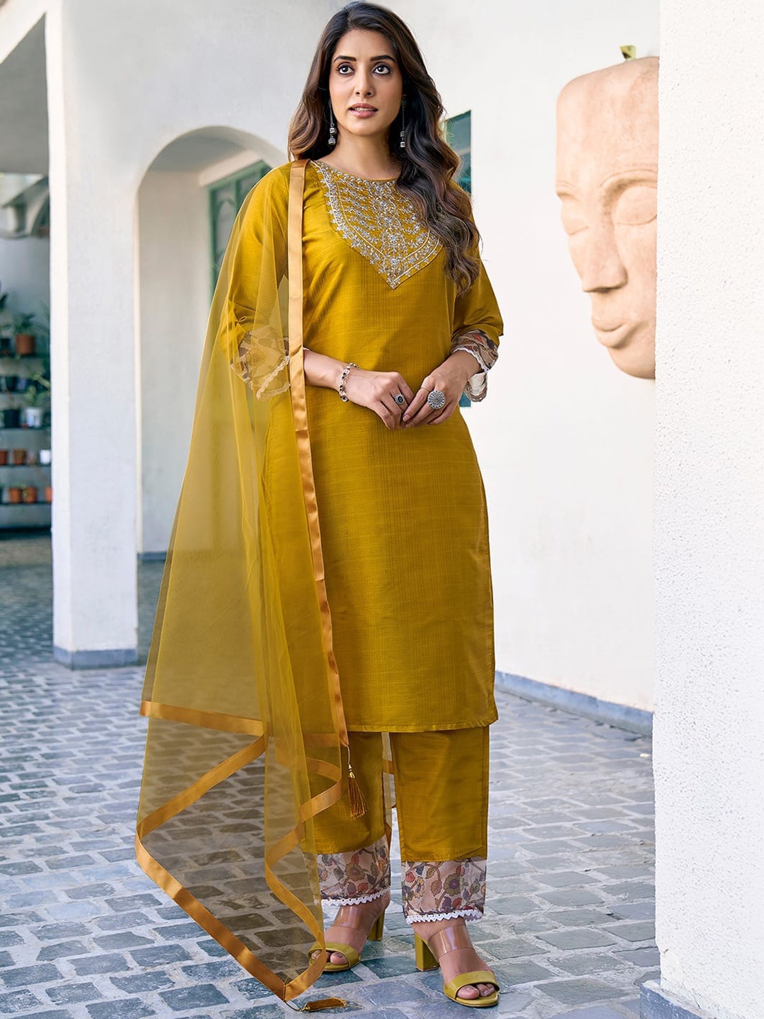 

KALINI Women Embroidered Regular Sequinned Kurta with Trousers & With Dupatta, Mustard