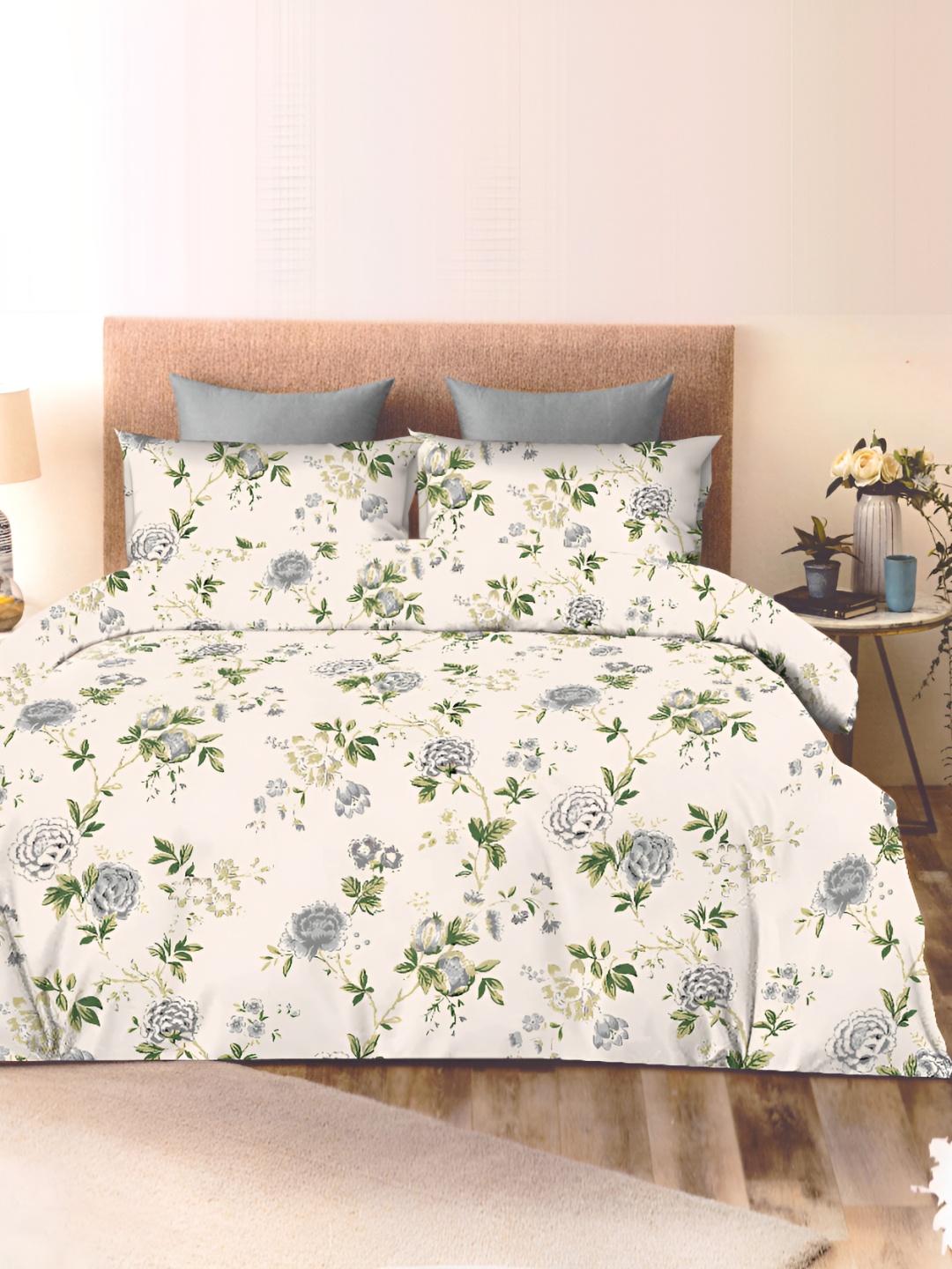 

Ariana Grey & Beige Floral Cotton 300 TC King Bedsheet with 2 Pillow Covers