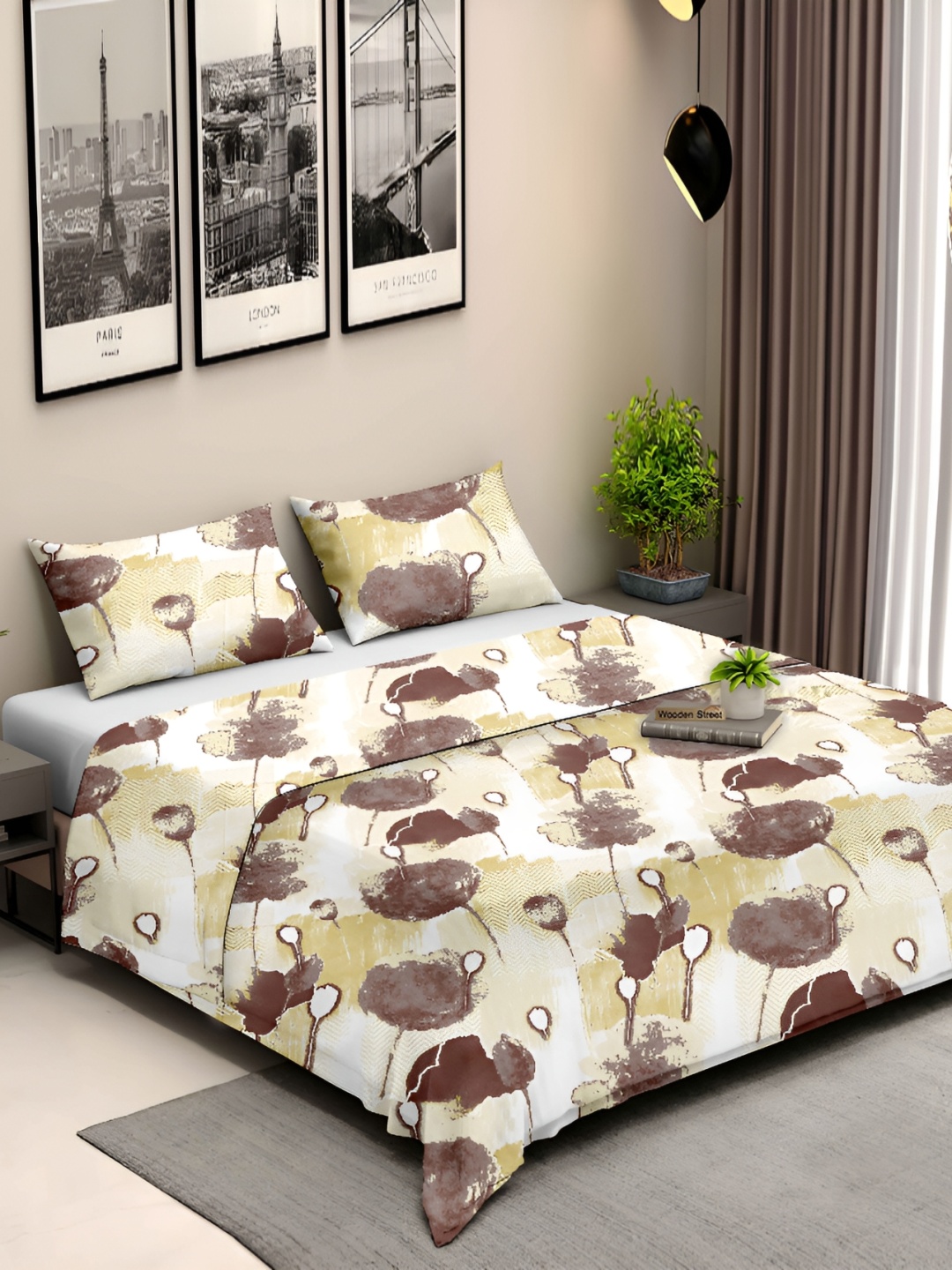 

Ariana Coffee Brown & Yellow Floral Cotton 210 TC King Bedsheet with 2 Pillow Covers