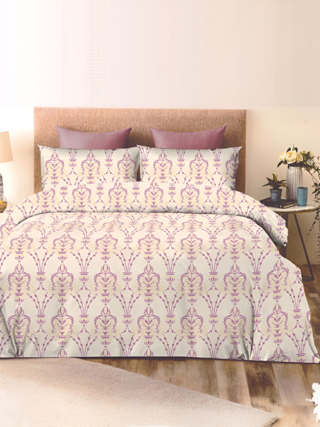 

Ariana Cream & Lavender Abstract Cotton 400 TC King Bedsheet with 2 Pillow Covers