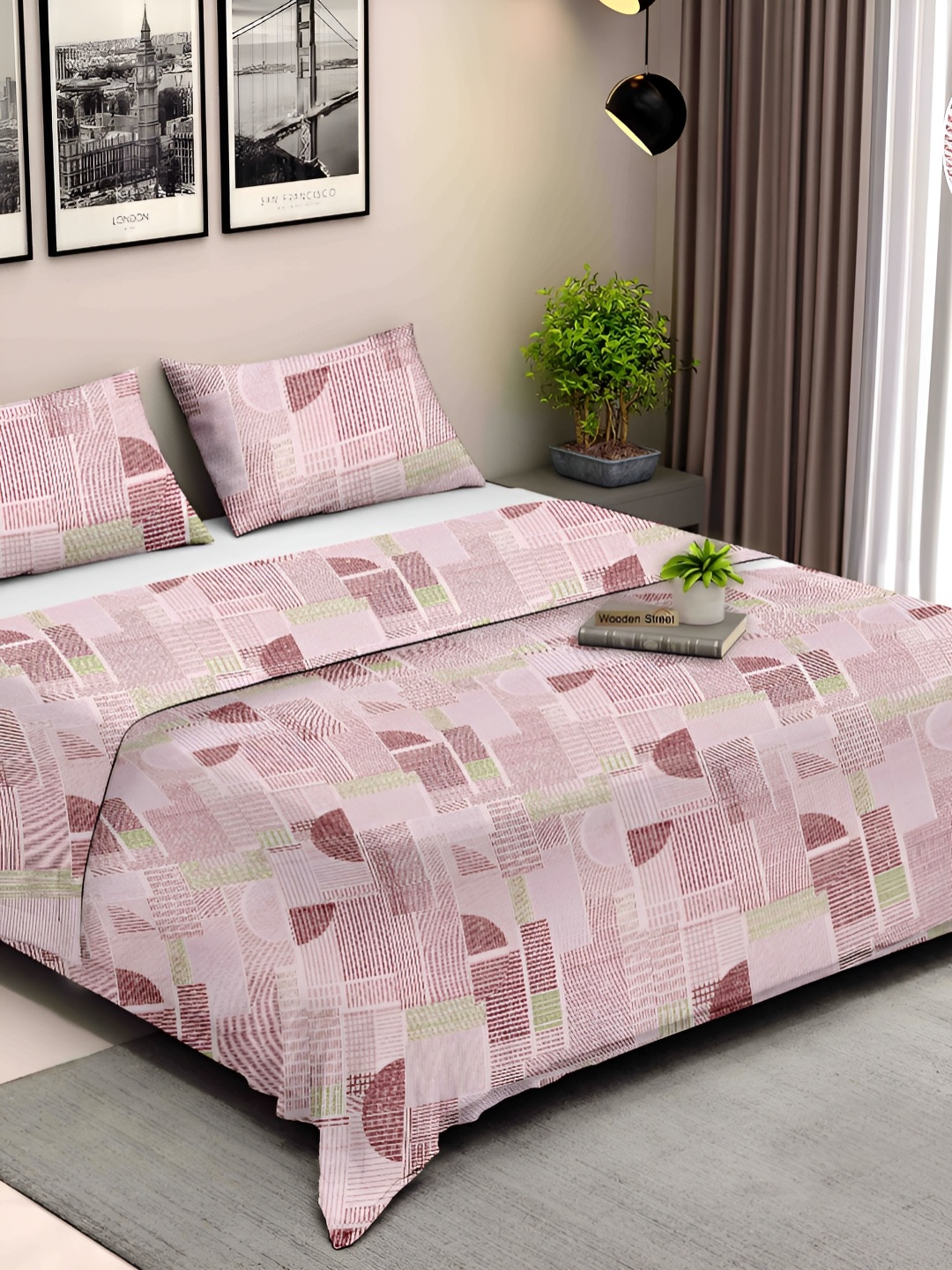 

Ariana Pink & Green Geometric Cotton 210 TC King Bedsheet with 2 Pillow Covers