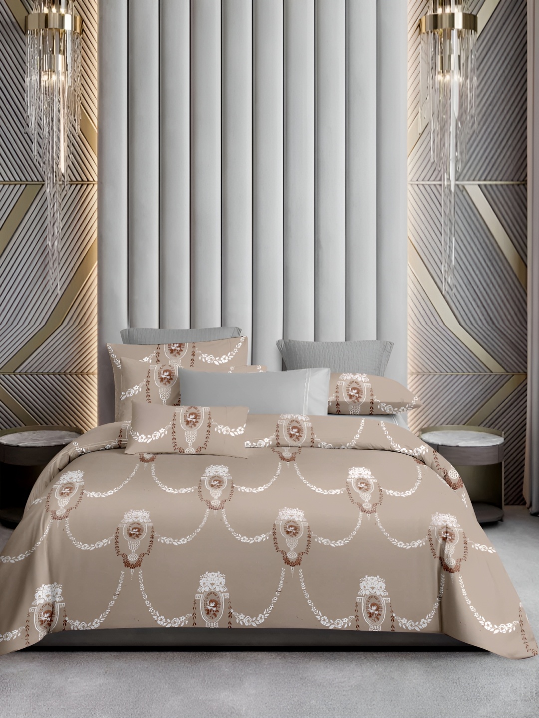 

Ariana Beige & White Ethnic Motifs Cotton 600 TC King Bedsheet with 2 Pillow Covers