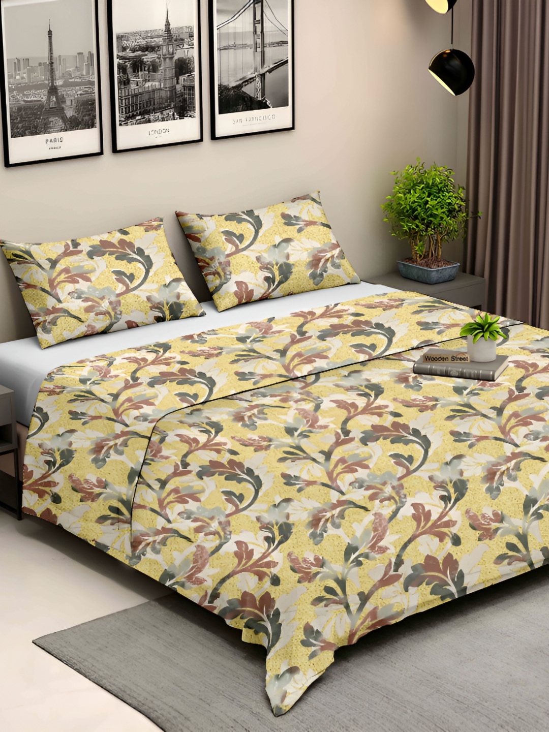 

Ariana Mustard & Pink Floral Cotton 210 TC King Bedsheet with 2 Pillow Covers