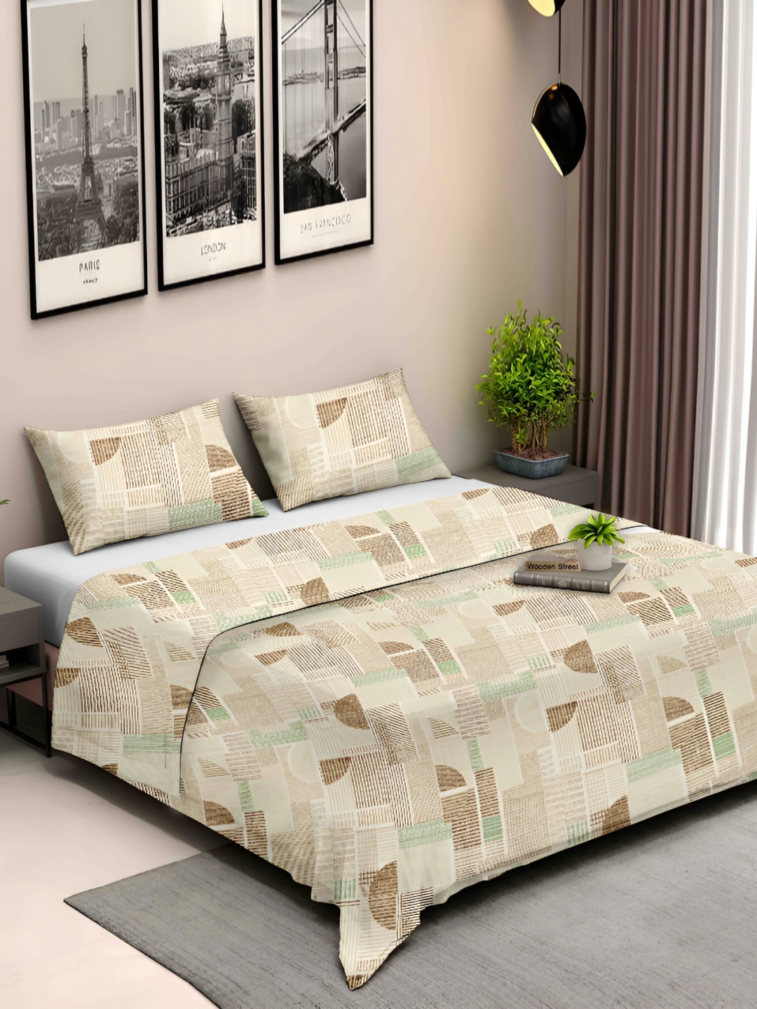 

Ariana Beige & Green Geometric Cotton 210 TC King Bedsheet With 2 Pillow Covers