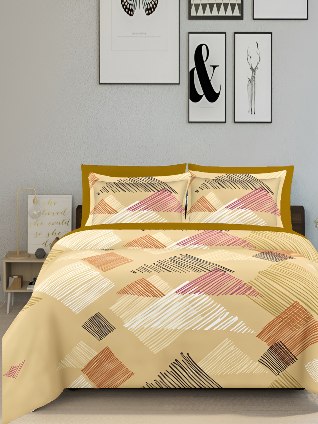 

Ariana Yellow & White Geometric Cotton 144 TC King Bedsheet with 2 Pillow Covers