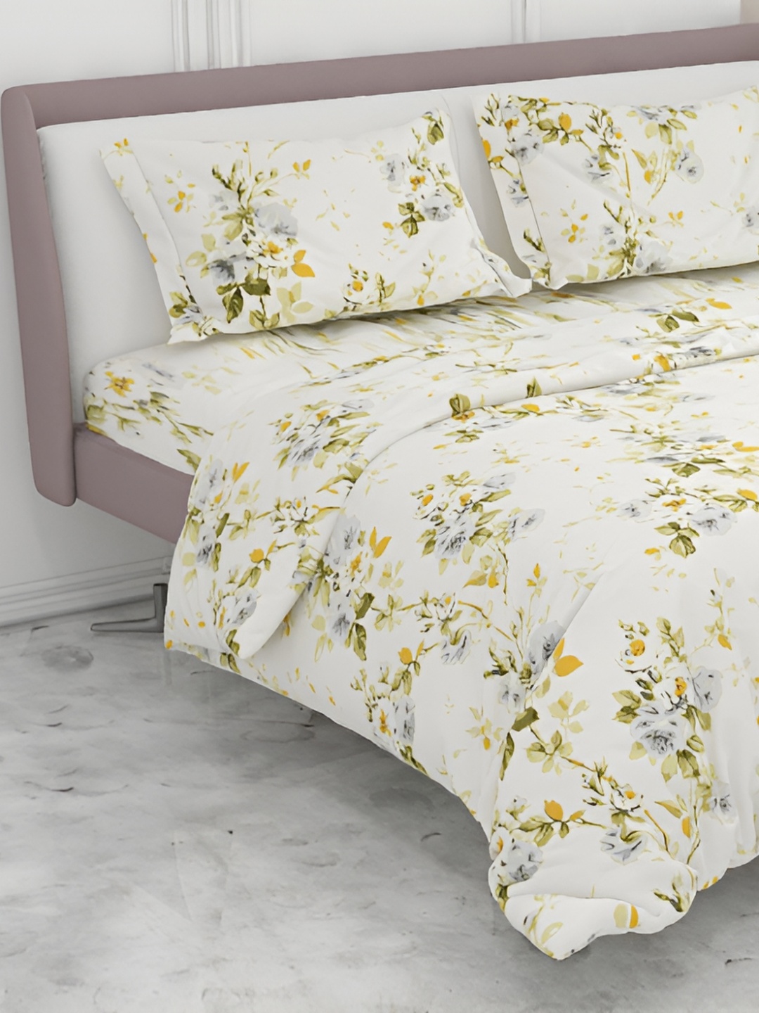 

Ariana Grey & Yellow Floral Cotton 300 TC King Bedsheet With 2 Pillow Covers