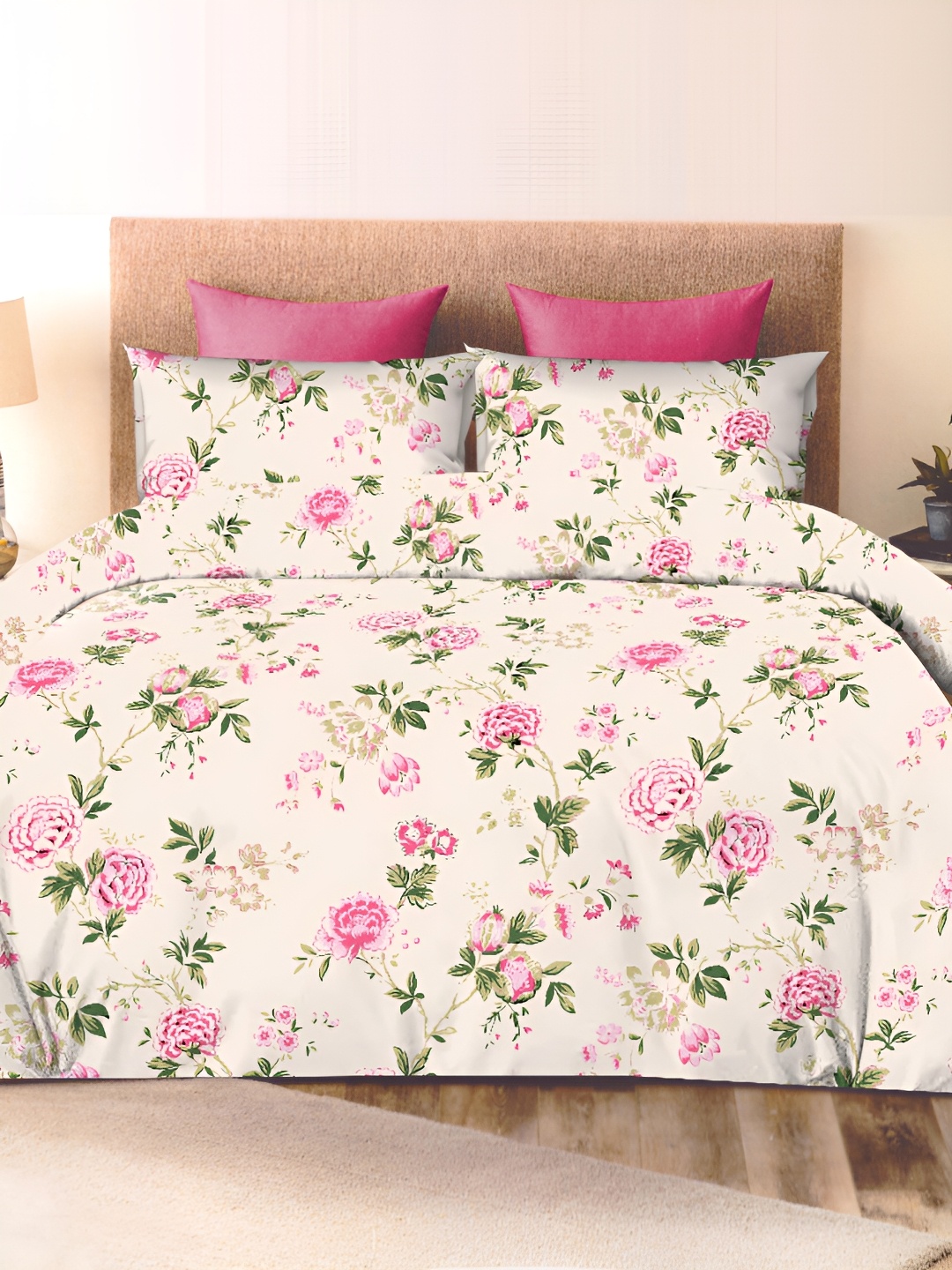 

Ariana Pink & Green Floral Cotton 300 TC King Bedsheet With 2 Pillow Covers