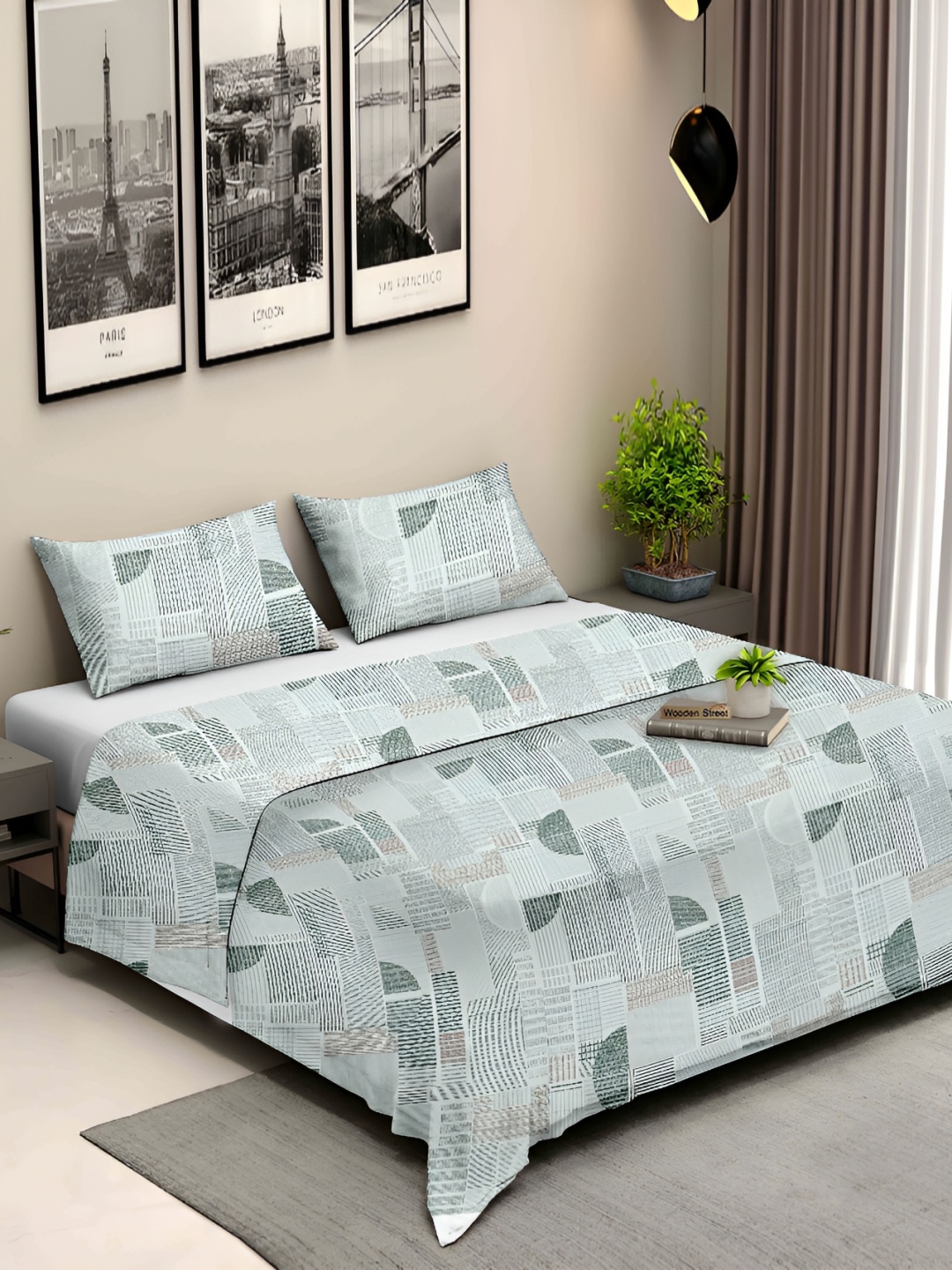 

Ariana Blue & Grey Geometric Cotton 210 TC King Bedsheet With 2 Pillow Covers