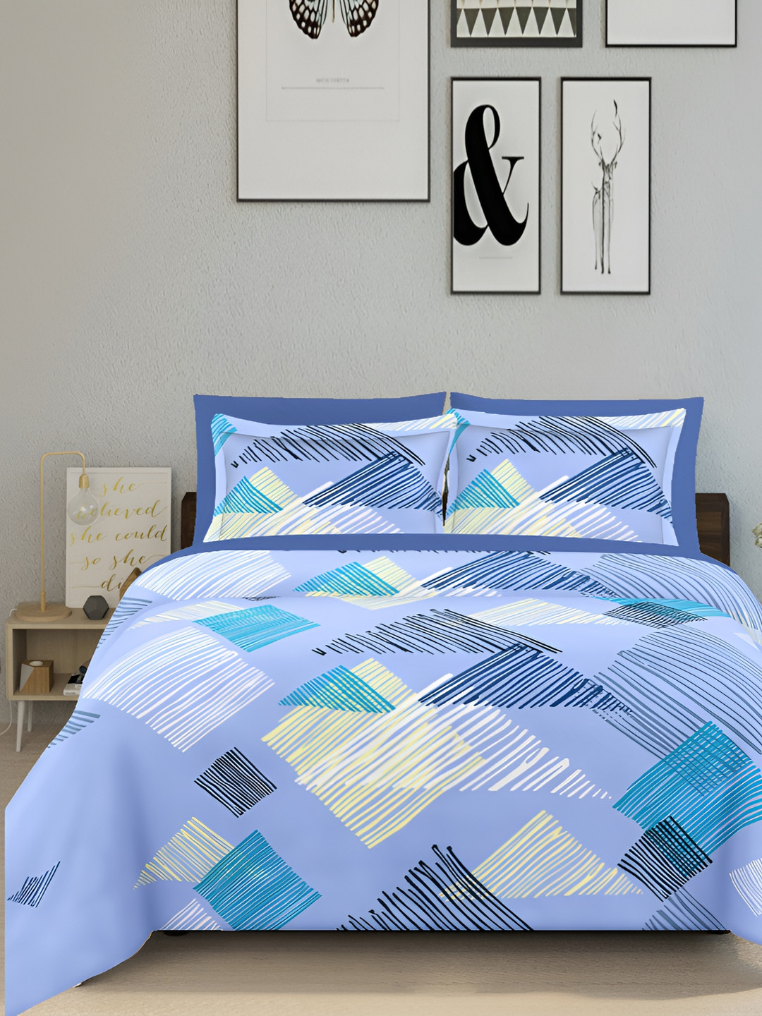 

Ariana Blue & Yellow Geometric Cotton 144 TC King Bedsheet with 2 Pillow Covers