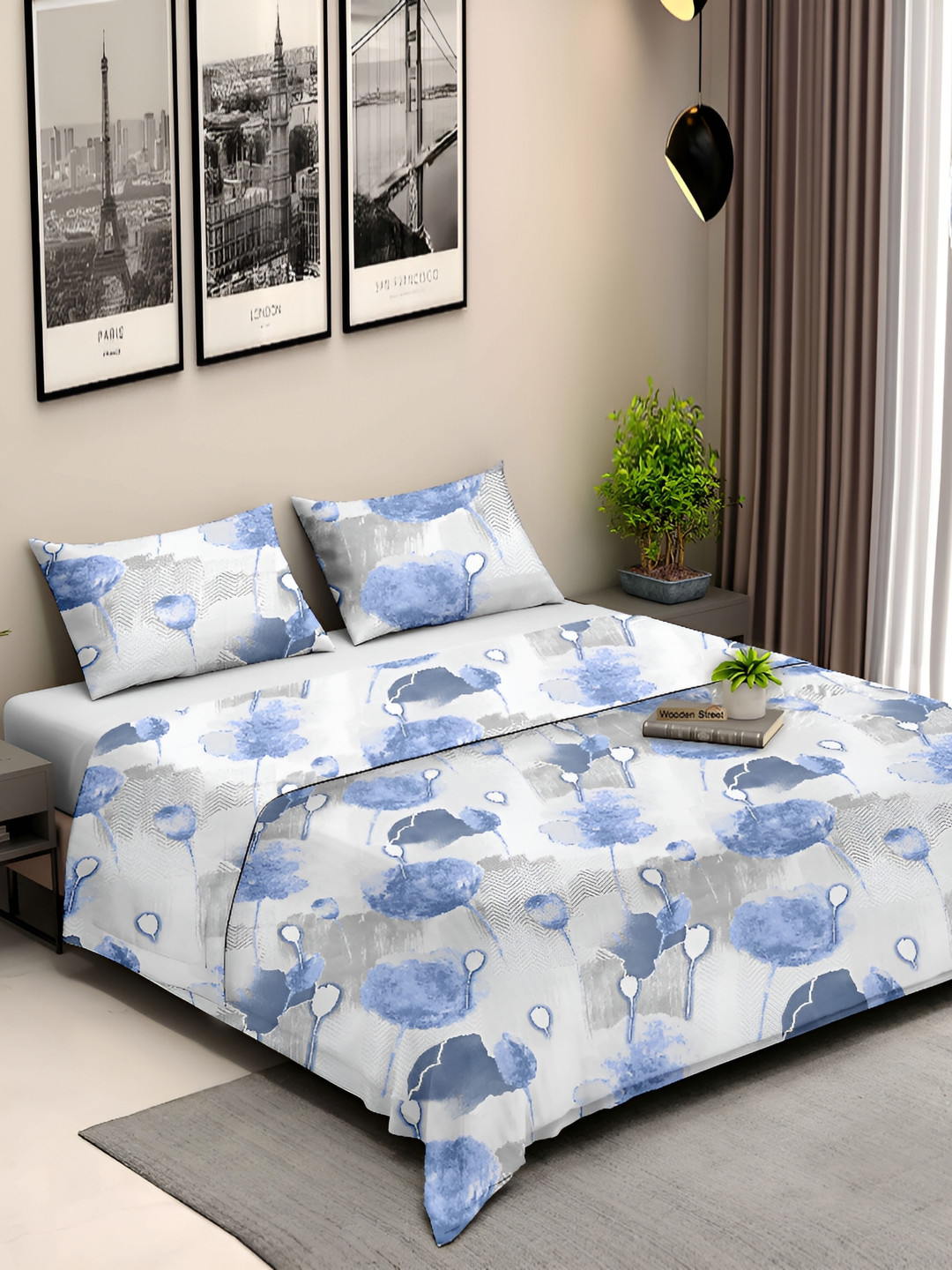 

Ariana Blue & White Floral Cotton 210 TC King Bedsheet With 2 Pillow Covers