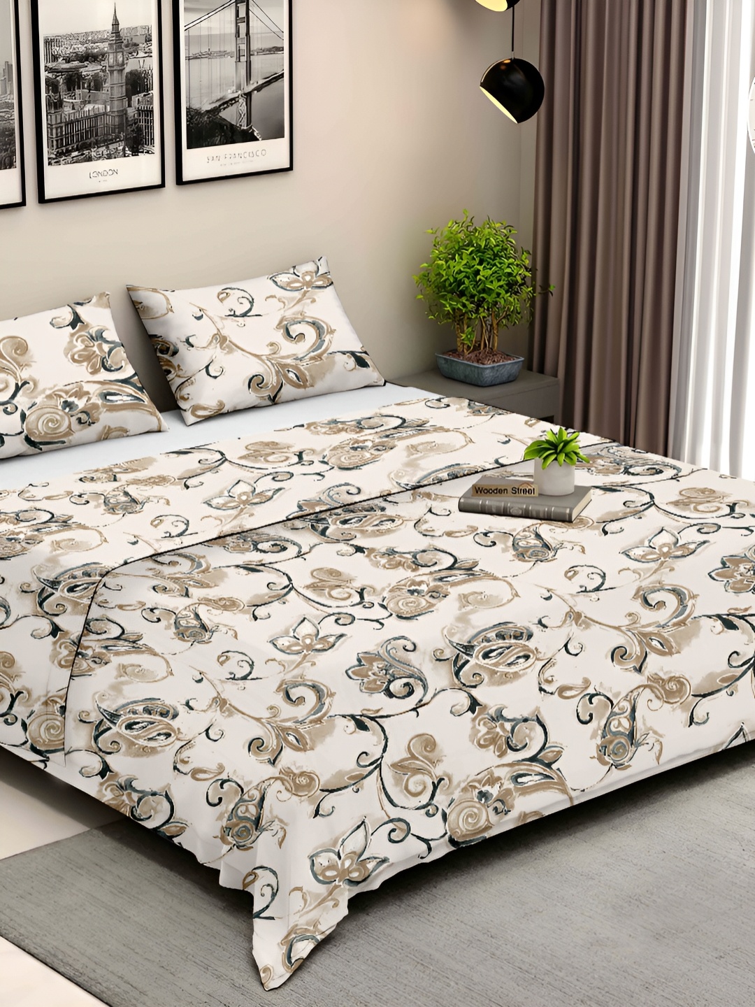 

Ariana Beige & Grey Floral Cotton 210 TC King Bedsheet with 2 Pillow Covers