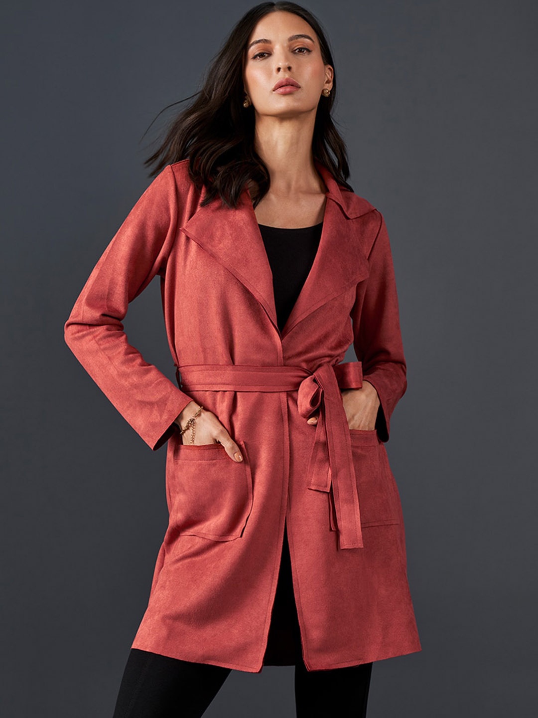 

AND Women Polyester Longline Duster Jacket, Orange