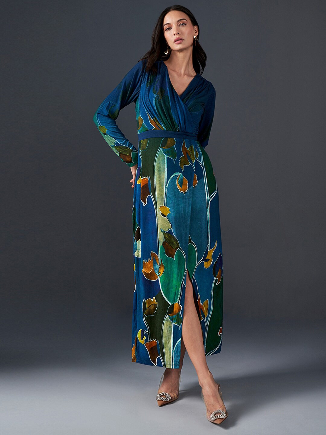 

AND Floral Printed V Neck A-Line Maxi Dress, Blue