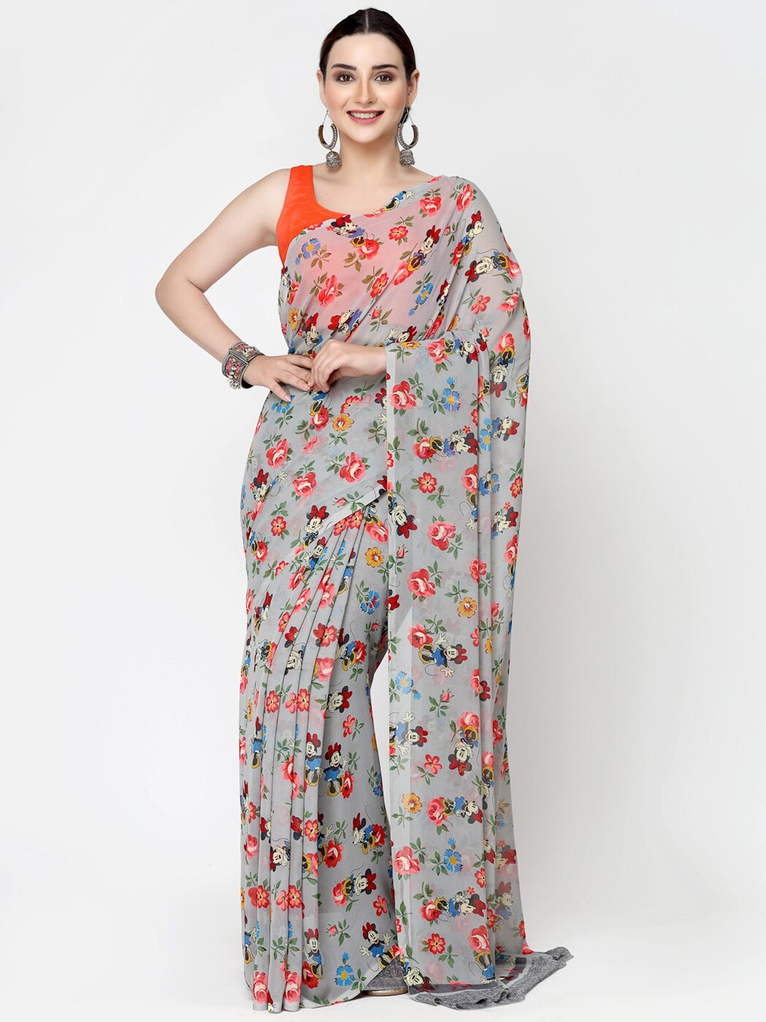 

ISHQY Floral Pure Georgette Saree, Grey