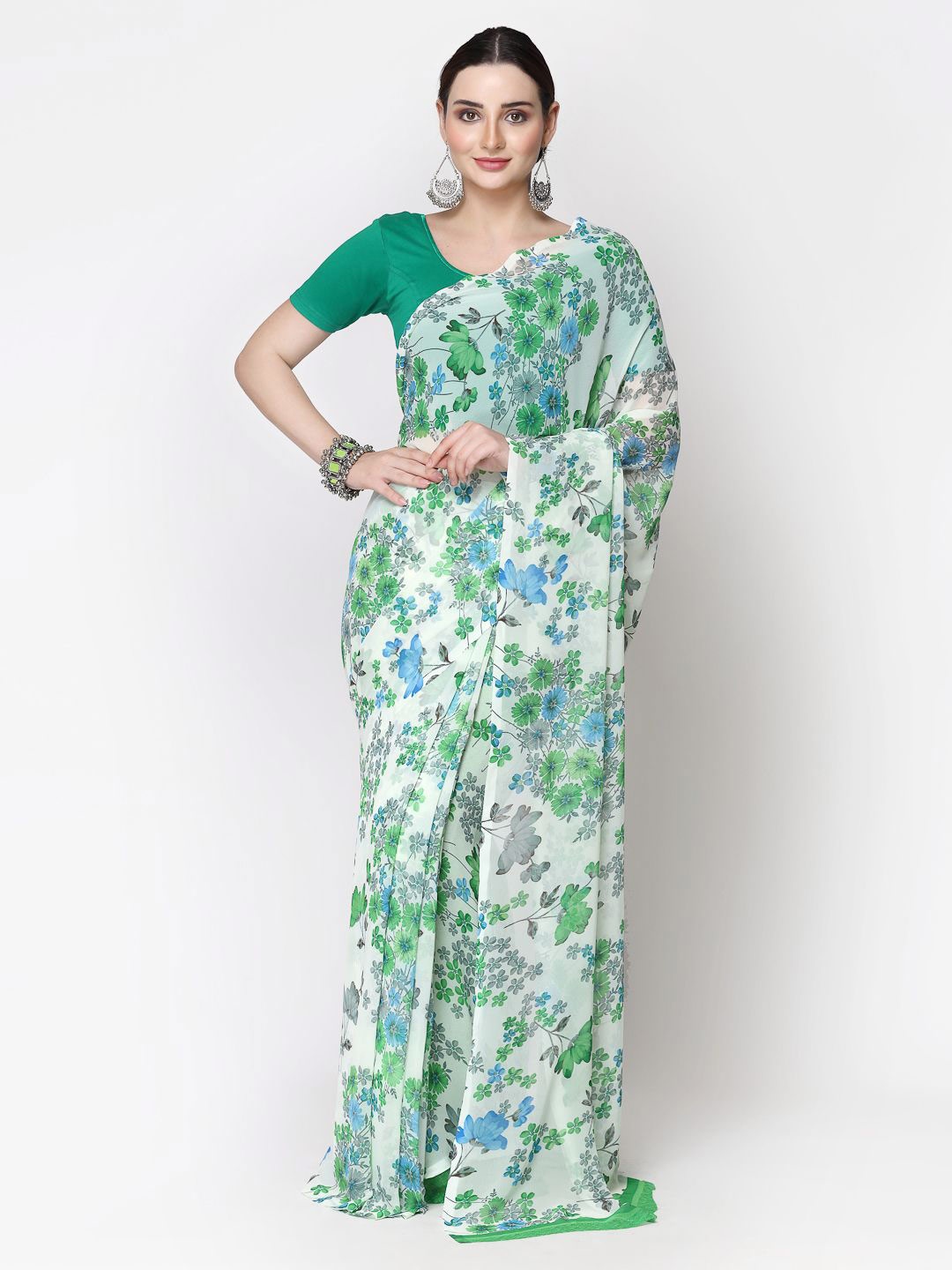 

ISHQY Floral Pure Georgette Saree, Green