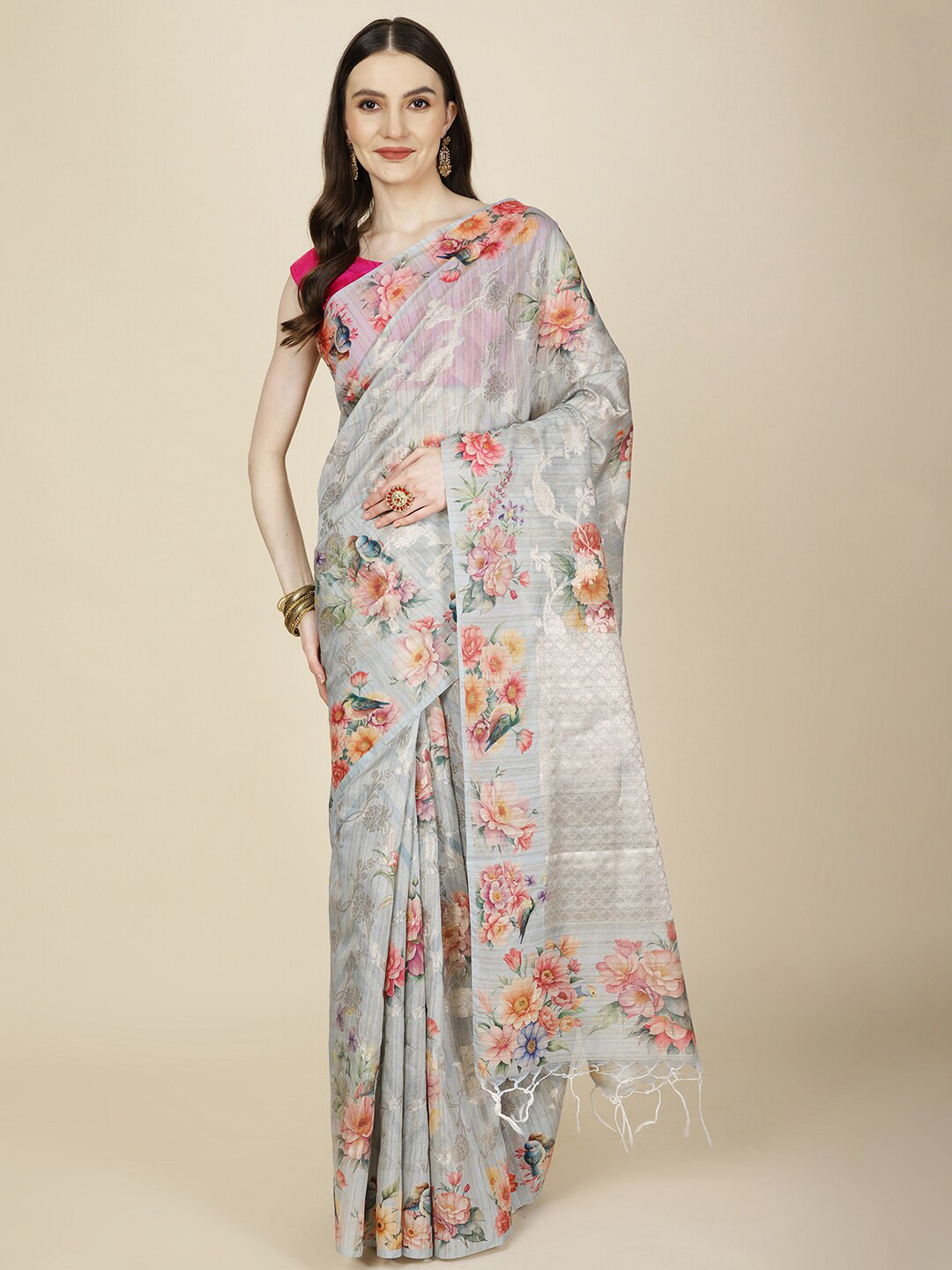 

Meena Bazaar Cotton Zari Floral Saree, Grey
