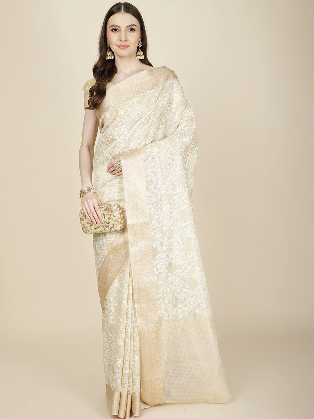 

Meena Bazaar Floral Embroidered Zari Saree With Blouse Piece, Beige
