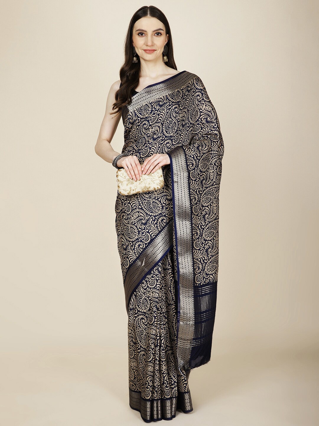 

Meena Bazaar Paisley Zari Art Silk Saree With Blouse Piece, Navy blue