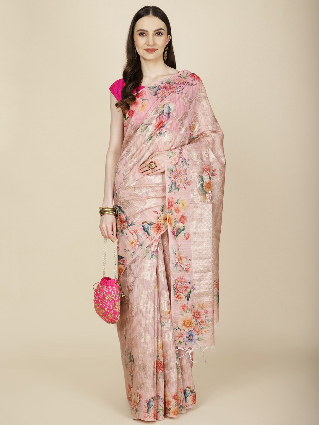 

Meena Bazaar Floral Printed Cotton Blend Saree With Blouse Piece, Pink