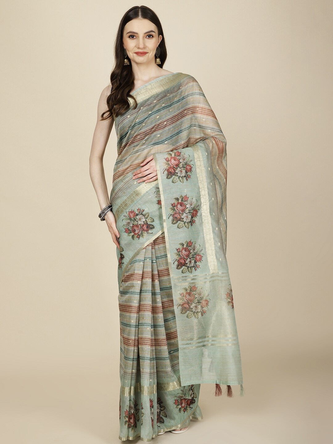 

Meena Bazaar Floral Zari Saree, Green