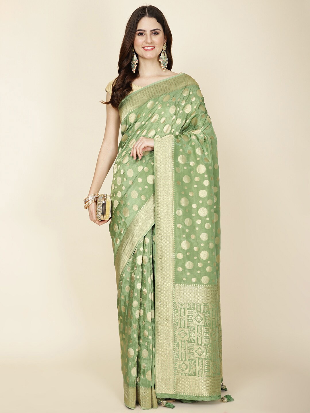 

Meena Bazaar Woven Design Zari Organza Saree, Green