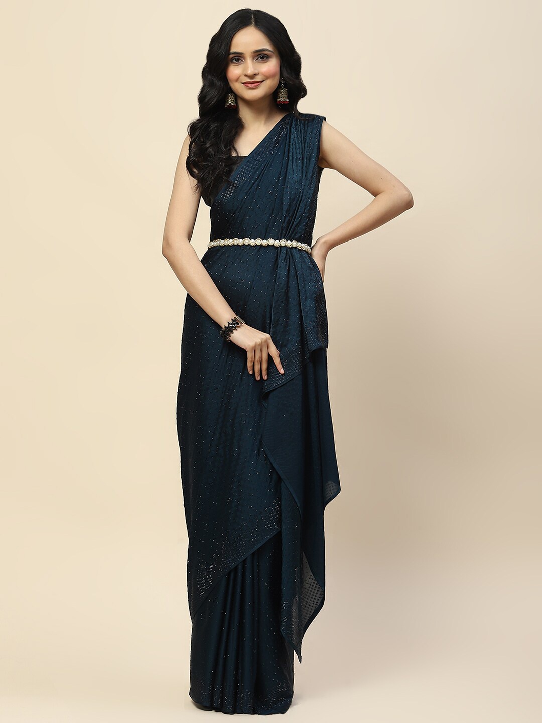 

Meena Bazaar Embellished Satin Saree, Teal