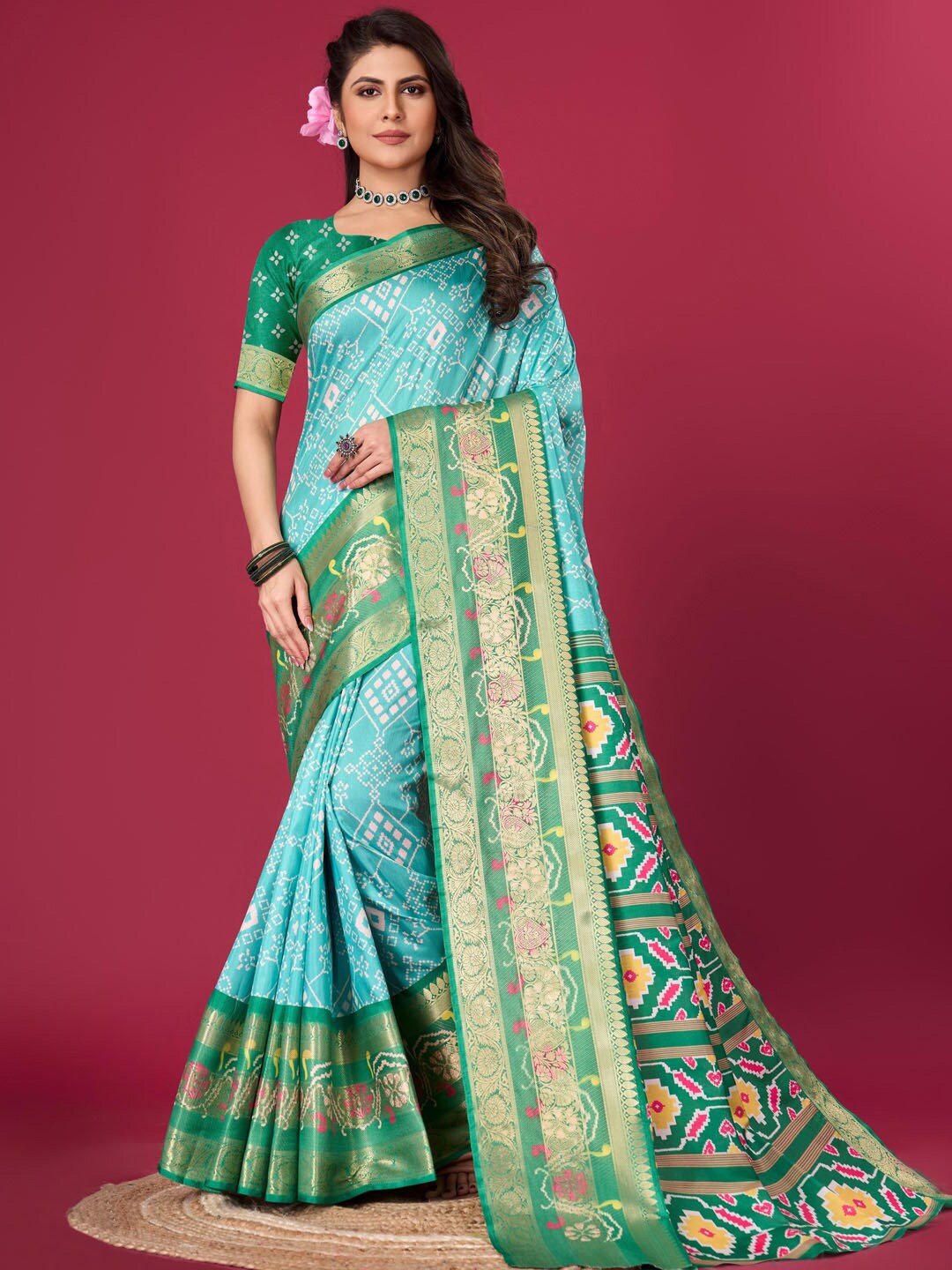 

Meena Bazaar Patola Printed Art Silk Saree, Sea green