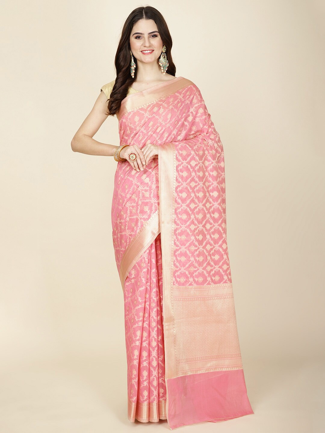 

Meena Bazaar Ethnic Motifs Zari Saree, Pink