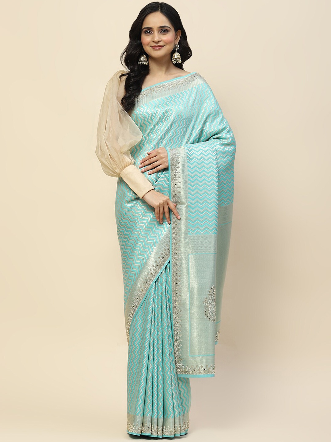 

Meena Bazaar Woven Design Zari Art Silk Banarasi Saree, Sea green