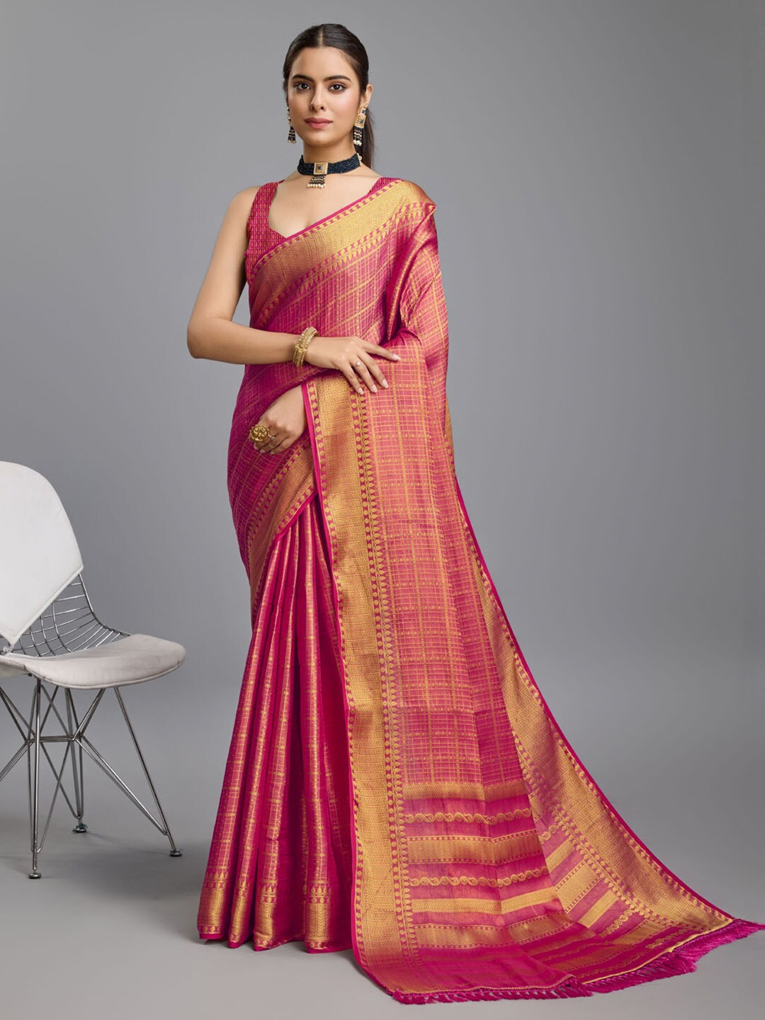 

Meena Bazaar Ethnic Motifs Zari Art Silk Saree, Pink